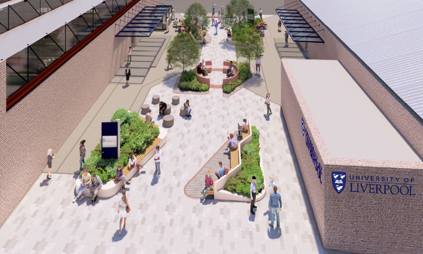 The exterior courtyard welcoming students and visitors to the campus will provide flexible social and event space.